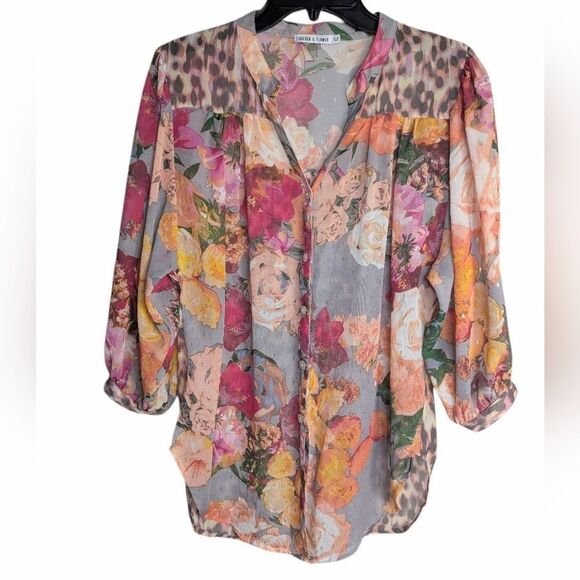 Fig & Flower Cecelia Floral Animal Mixed Print Chiffon Blouse Top Women's M - Picture 2 of 6